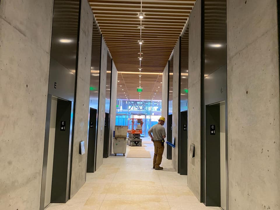 Hall of elevators with stainless steel finishes